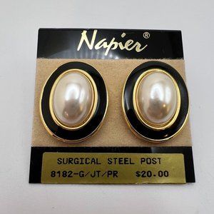Napier Pearl Cabochon Black Enamel Earrings